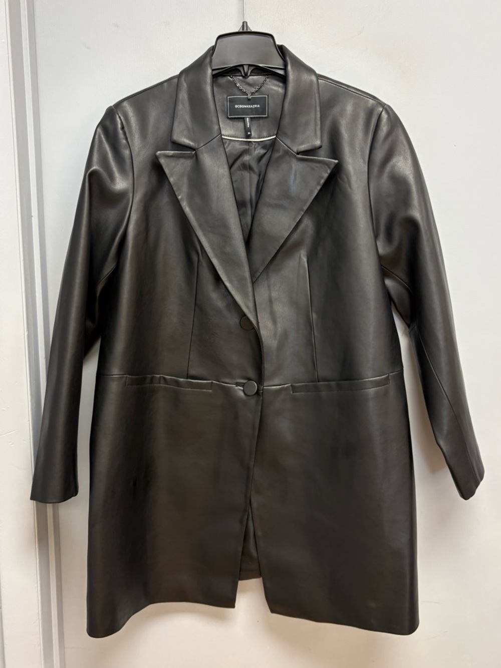 BCBGMAXAZRIA Black Faux Leather Longline Blazer Jacket XL